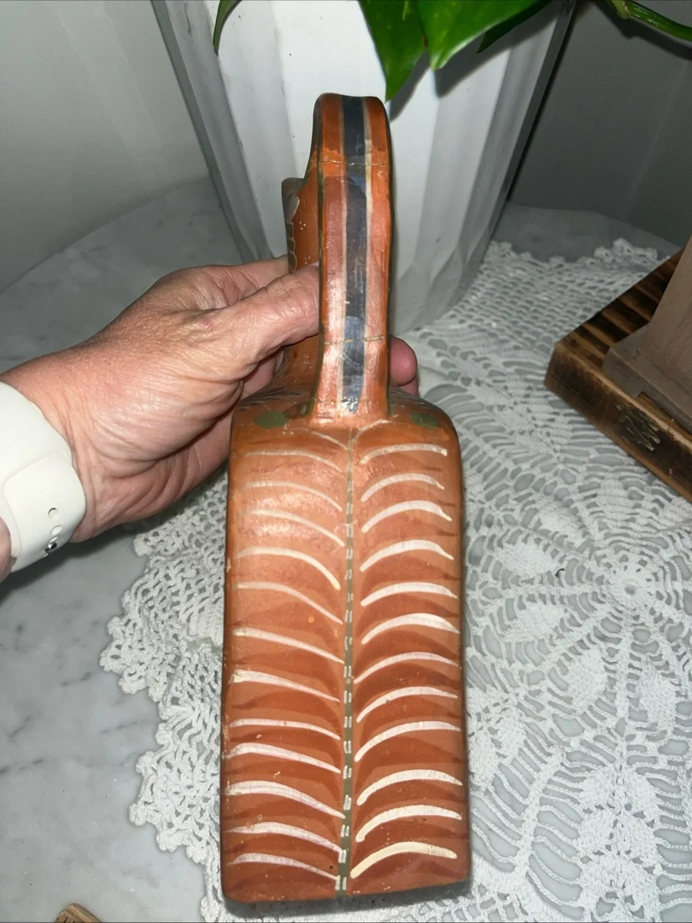 Vintage 10” Mexican Pottery Pitcher Southwest Boho Decor Floral Leaf Design